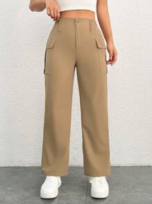 SHEIN PETITE Women'S Solid Color Straight-Leg Cargo Trousers - Khaki - View 1