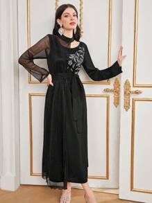 Modelyn Women's Leaf Embroidery Contrast Mesh Dress Long Evening Dresses Fall Cloth For Women - Black - View 4