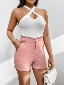 SHEIN Privé Pantalones cortos de mujer de unicolor con decoración de perlas para el Día de San Valentín - Rosa vieja - Ver 3