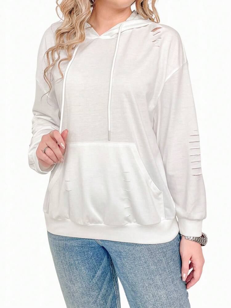 Plus Size Kangaroo Pocket Distressed Sweatshirt