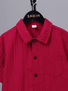 SHEIN 青少年男孩休閒舒適短袖襯衫 - 紅色 - 查看 5