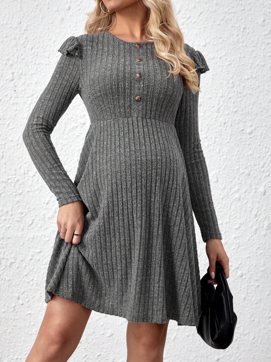 SHEIN 純色襯條針織孕婦裙 - 深灰色 - 查看 1