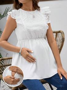 SHEIN Maternity Solid Color Eyelet Embroidery Patchwork Breastfeeding Nursing Shirt - White - View 1