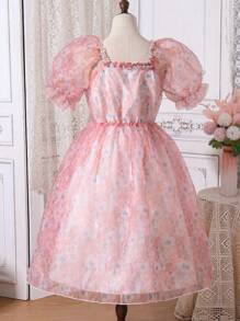 Robe À Manches Bouffantes Élégante En Maille Et Imprimé Floral Pour Adolescentes - Rose bonbon - Voir 2
