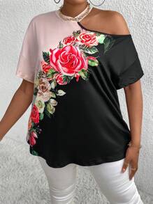 Maweii Camiseta De Cuello Asimétrico Con Tamaño Extra Grande Para Mujeres Con Estampado Floral De Color Contrastante - Negro - Ver 3