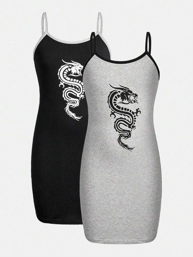 2pcs/Set Cool & Casual Knitted Color-Block Spaghetti Strap Dress For Tween Girls, Spring/Summer