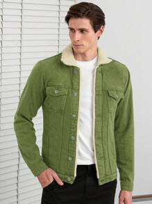 SHEIN Cottnline Men's Simple Style Sherpa Lined Denim Jacket With Buttons - Green - View 6