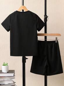 SHEIN GraphicGems Teen Boys' Cartoon Printed Short Sleeve T-Shirt And Shorts 2pcs/Set, School, Campus, College - Black - View 3