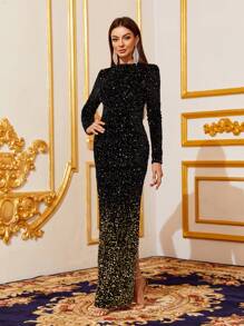 Faeriesty Elegant Women's Long Sleeve Round Neck Sparkly Gradient Sequin Floor-Length Evening Gown – Fitted Silhouette With Back Slit Hem, Luxurious For Weddings, Galas & Formal Events - Black - View 3
