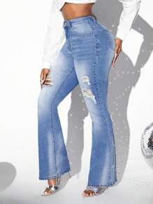 SHEIN SXY Damski Zakłopotany Flared Jeans Z Umyty Efekt