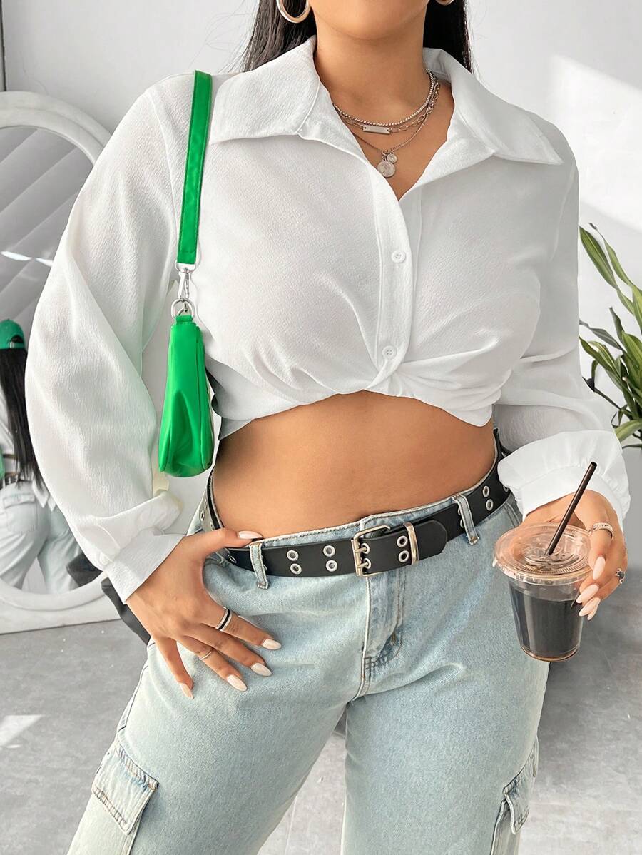 SHEIN EZwear CURVE Kích thước lớn Của phụ nữ Lỏng lẻo phù hợp Tay áo dài Quần skinny Xoắn Nút Áo sơ mi - trắng - Xem 1