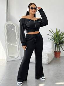 SHEIN EZwear 大尺碼純色露肩運動衫與喇叭褲套裝 - 黑色 - 查看 7
