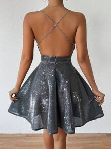 Allurite Brillante Vestido Halter Con Cadena Sin Espalda - Negro - Ver 3