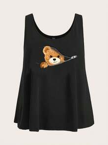 SHEIN EZwear 大尺碼女卡通熊印花低圓領背心 - 黑色 - 查看 3