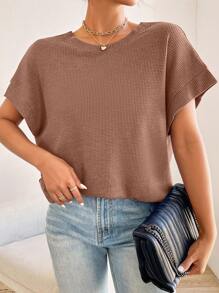 SHEIN Essnce Women's Back Cross Open Back Batwing Sleeve T-Shirt - Khaki - View 4