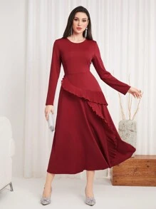 Modelyn Burgundy Red Women'S Solid Color Ruffle Trimmed Dress Long Evening Dresses