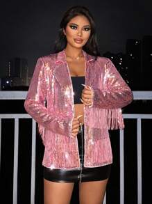SHEIN SXY 新年女士派對性感粉色亮片流蘇西裝外套 - 粉色 - 查看 4