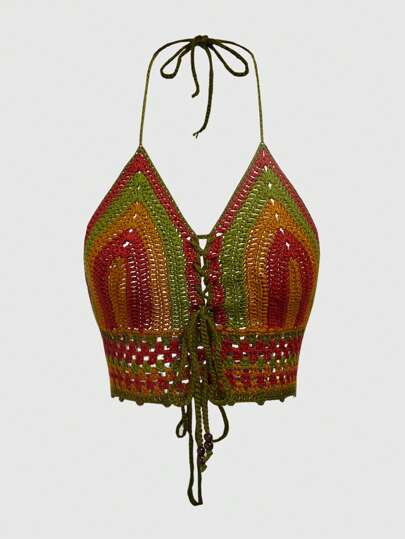 Summer Crochet Beach Hippie Stripe Color Block Tie With Wooden Beads Knit Top