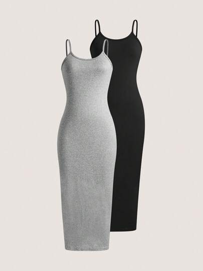 SHEIN Unity Solid Color Slim Fit Daily Wear Spaghetti Strap Dress Maxi Women Outfit