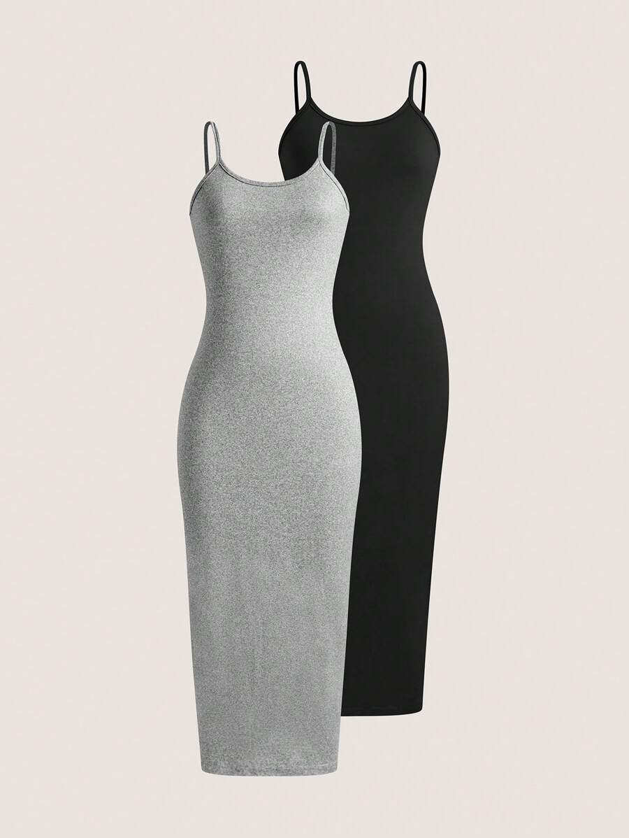 SHEIN Unity Solid Color Slim Fit Daily Wear Spaghetti Strap Dress Maxi Women Outfit - Multicolor - View 1