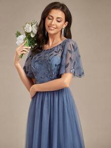 Fall Flutter Sleeve Floral Sequin Dress Mesh Contrast Prom Semi Formal Dress For Dinner Elegant Evening Dress Dusty Blue Wedding Guest Gown