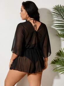 SHEIN Swim Curve 大尺寸腰部束縛透視背帶套裝 - 黑色 - 查看 2