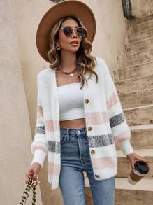 SHEIN Frenchy Striped Pattern Drop Shoulder Fuzzy Cardigan,Earthy Clothes,Airport Outfit - Dusty Pink - View 1