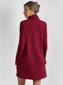 SHEIN Essnce Vestido De Punto Ajustado De Cuello Alto Tejido De Costilla De Color Liso Para Mujeres Con Detalles De Botón - Burdeos - Ver 2