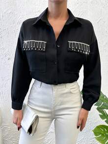 SHEIN Cottnline Diamond Trim Detailed Shirt - Black - View 4