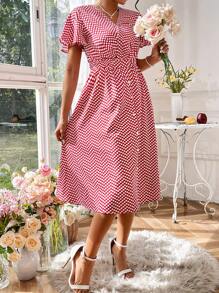 Chiquease Chấm bi In Cổ chữ V Vòng eo đế chế Đầm - Đỏ - Xem 3