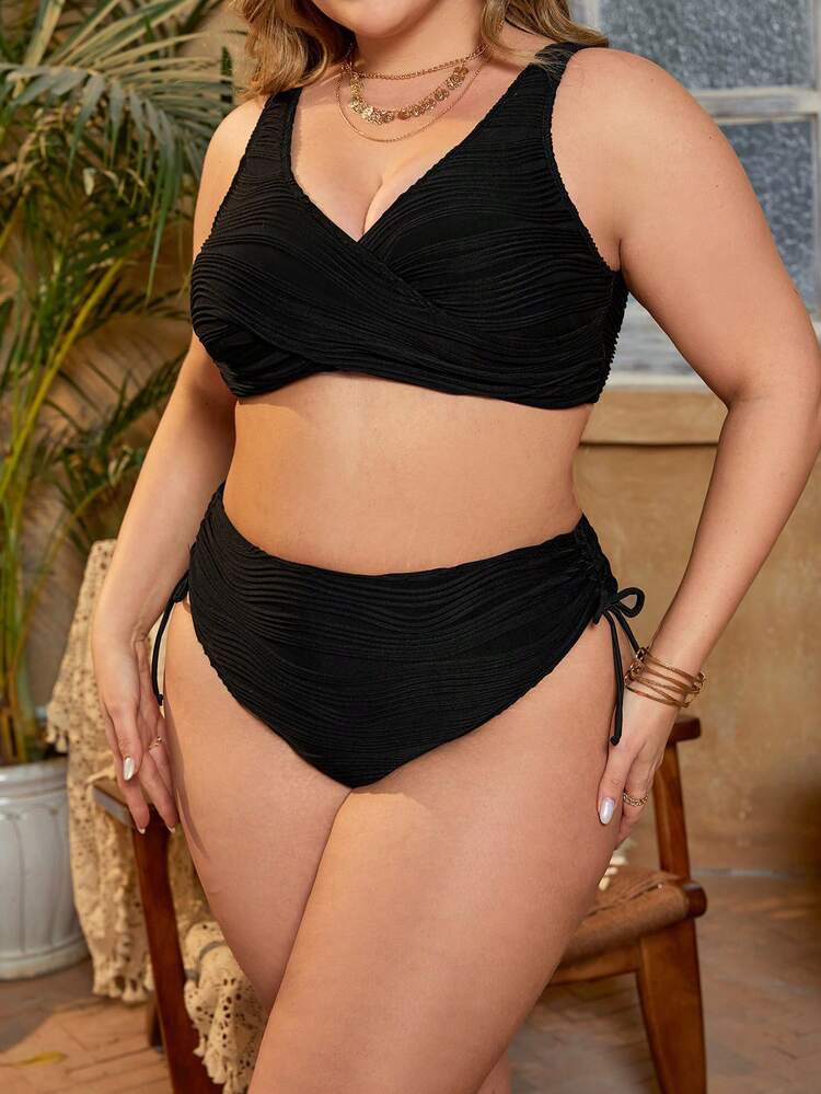 Summer Plus Size Women's Solid Color V-Neck Bikini Set