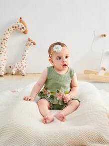 SHEIN 女嬰花朵刺繡修飾荷葉邊無袖上衣和短褲套裝 - 綠色 - 查看 3