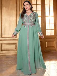 Plus Size Women Spring & Summer Elegant Floral Embroidered Notched Neck Modest Long Sleeve Dress, Kaftan - Mint Green - View 1