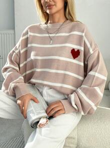 EURMUSE Maglione A Righe Con Stampa A Cuore, Spalle Basse E Taglie Grandi - Rosa antico - Visualizzare 5