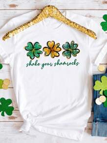 SHEIN Essnce Ladies' Short Sleeve T-Shirt With Clover & Letter Pattern - White - View 1