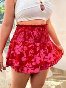 Flirla Plus Size Boho Floral Printed Shirred Waist Skort, For Summer - Hot Pink - View 3