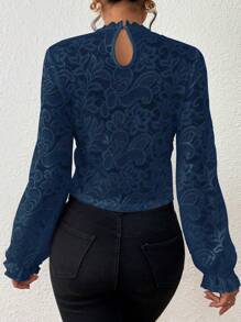SHEIN Clasi Guipure Lace Insert Flounce Sleeve Blouse - Navy Blue - View 2