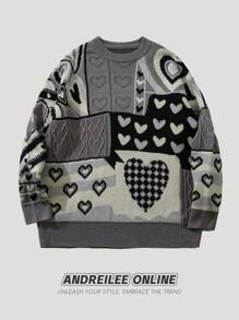 ANDREILEE 心形甜美风 2023 秋冬新款宽松百搭情侣圆领长袖针织衫 - 黑色 - 查看 1
