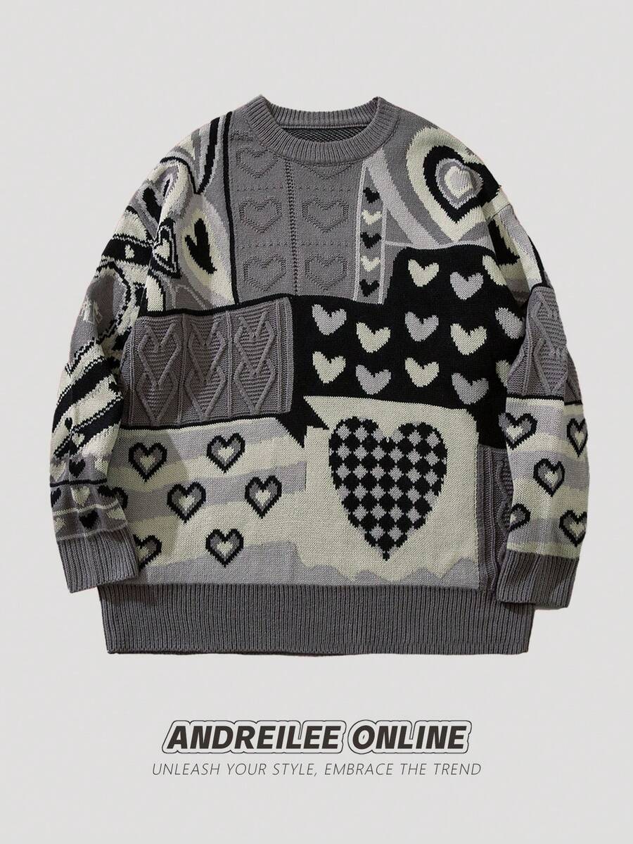 ANDREILEE 心形甜美风 2023 秋冬新款宽松百搭情侣圆领长袖针织衫 - 黑色 - 查看 1