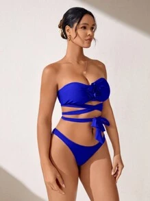 SHEIN Swim Conjunto de bikini sin tirantes para damas con decoración de flor 3D, festival de música, verano, playa