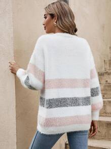 SHEIN Frenchy Striped Pattern Drop Shoulder Fuzzy Cardigan,Earthy Clothes,Airport Outfit - Dusty Pink - View 2