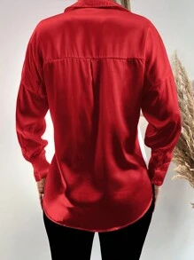 SHEIN Cottnline 女款落肩長袖襯衫 - 紅色 - 查看 2