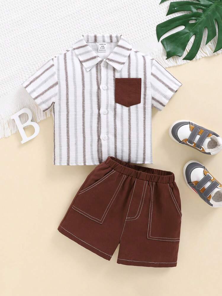 Baby Boy Casual Striped Short Sleeve Shirt With Pocket And Shorts For Vacation