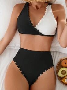 SHEIN Swim 夏季女士弧形边缘拼色泳衣套装音乐节 - 黑與白 - 查看 2