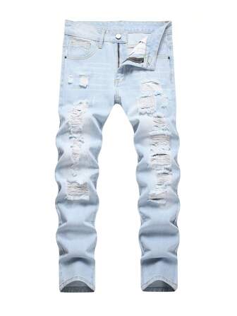 Gerade Jeans für Tween Jungen mit abgenutzten Details, Hellblau