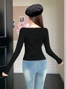 DAZY Suéter de mujer de manga larga con ajuste delgado y contraste de blanco y negro, ropa de otoño