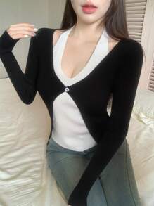 DAZY Suéter de mujer de manga larga con ajuste delgado y contraste de blanco y negro, ropa de otoño