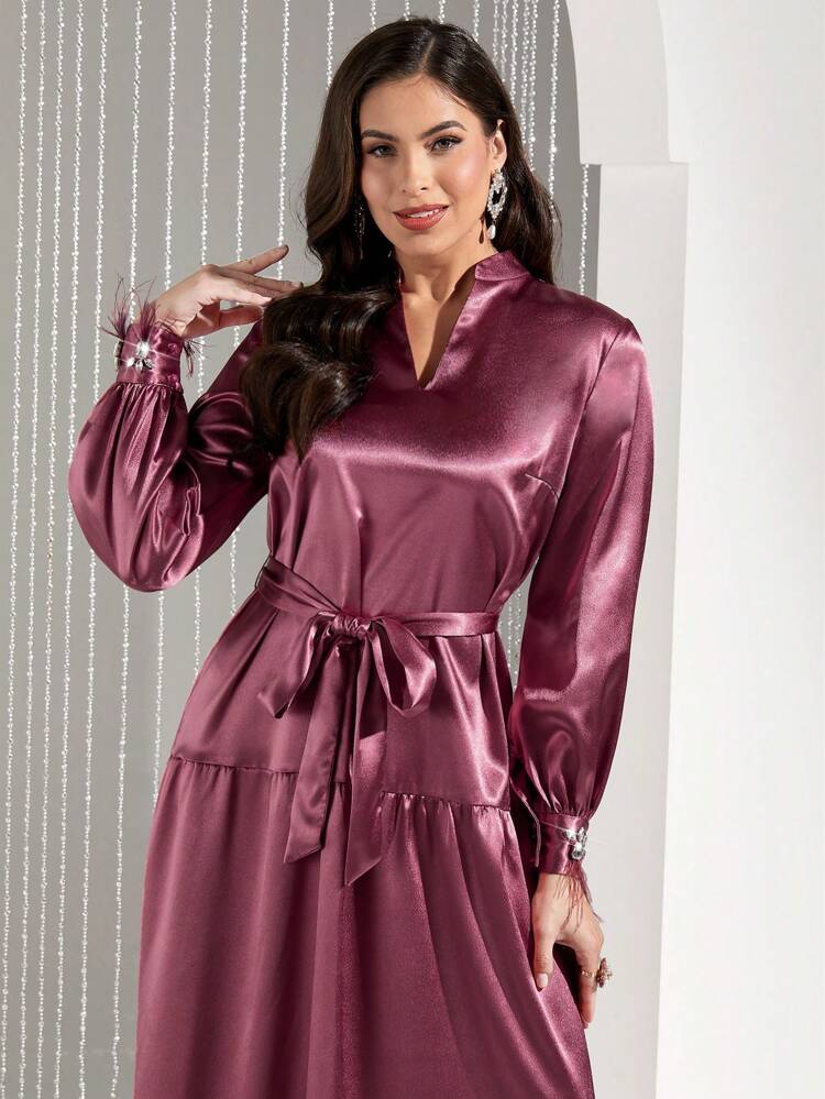Women's Dress With Rhinestone Fur Sleeve Cuffs, Notched Collar, Tie Waist Band,Elegant Evening Party Dress Long Evening Dresses