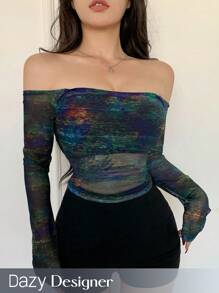 Dazy Designer Women's Off-The-Shoulder See-Through Top,Off Shoulder Top,Back To School Clothes Long Sleeve Women Tops,Fall Women Clothes Going Out Tops Women - Multicolor - View 1