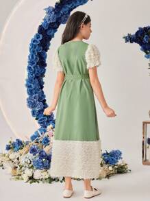 1 Pieza Vestido De Manga Corta Y Falda Con Aplicaciones Bordadas En Bloques De Color Y Borde Difuso Para Chicas Adolescentes - Verde - Ver 2